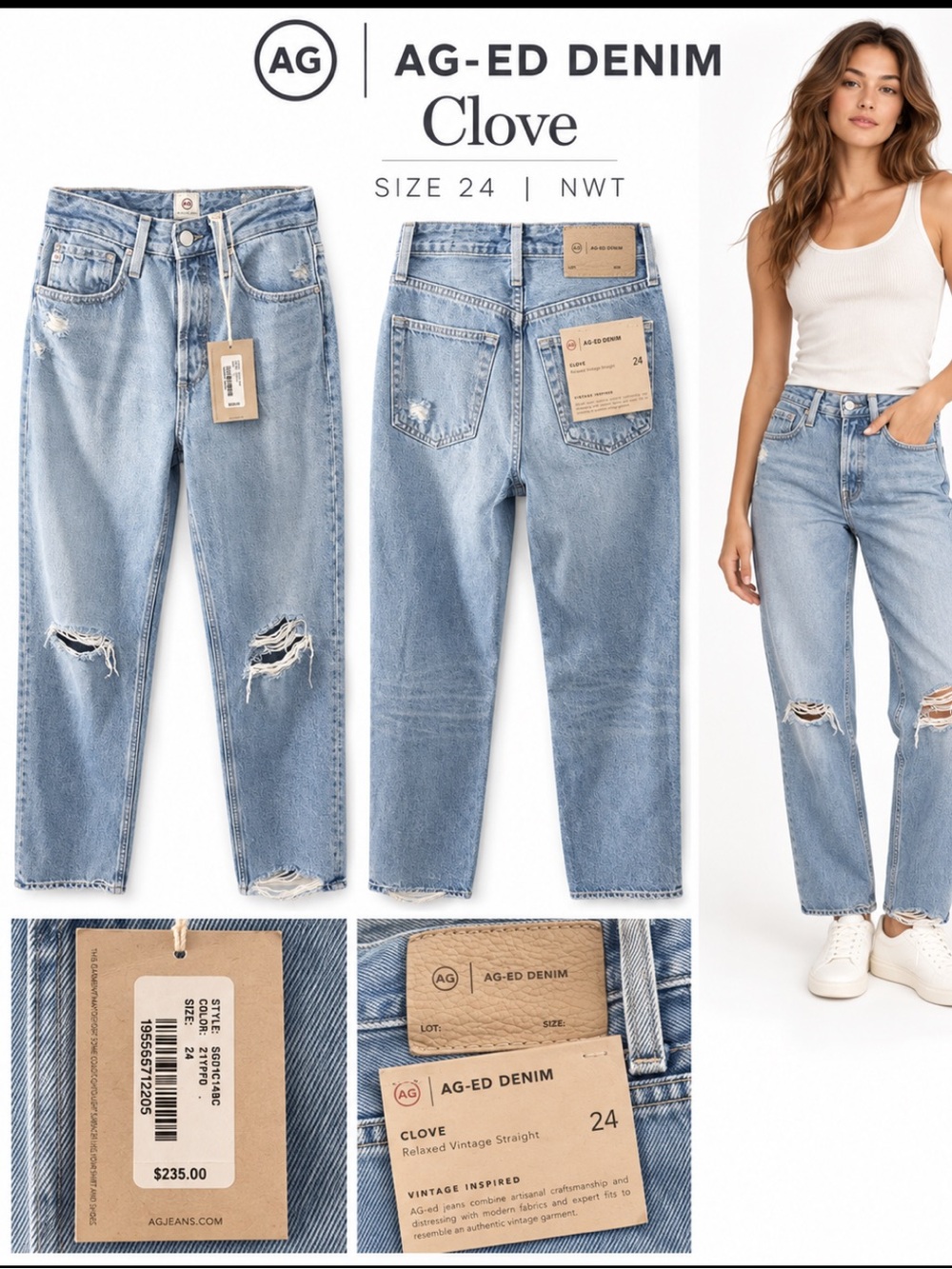 NWT AG-ED Denim Clove Relaxed Vintage Straight Jeans 24 Distressed $235